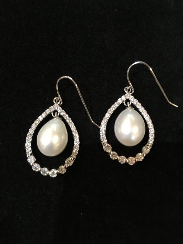 Freshwater Pearl & Cubic Zirconia Pear Shaped Silver Hook Earrings ...