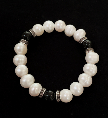 Freshwater Pearl & Crystal Rondelle Elastic Bracelet