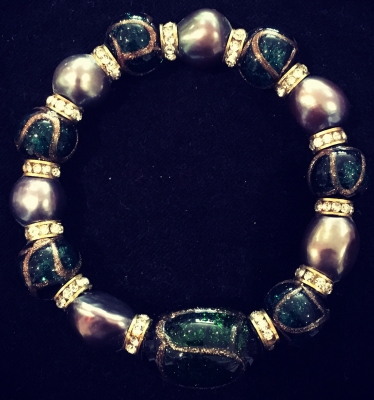Freshwater Pearl, Art Glass Bead & Crystal Elastic Bracelet